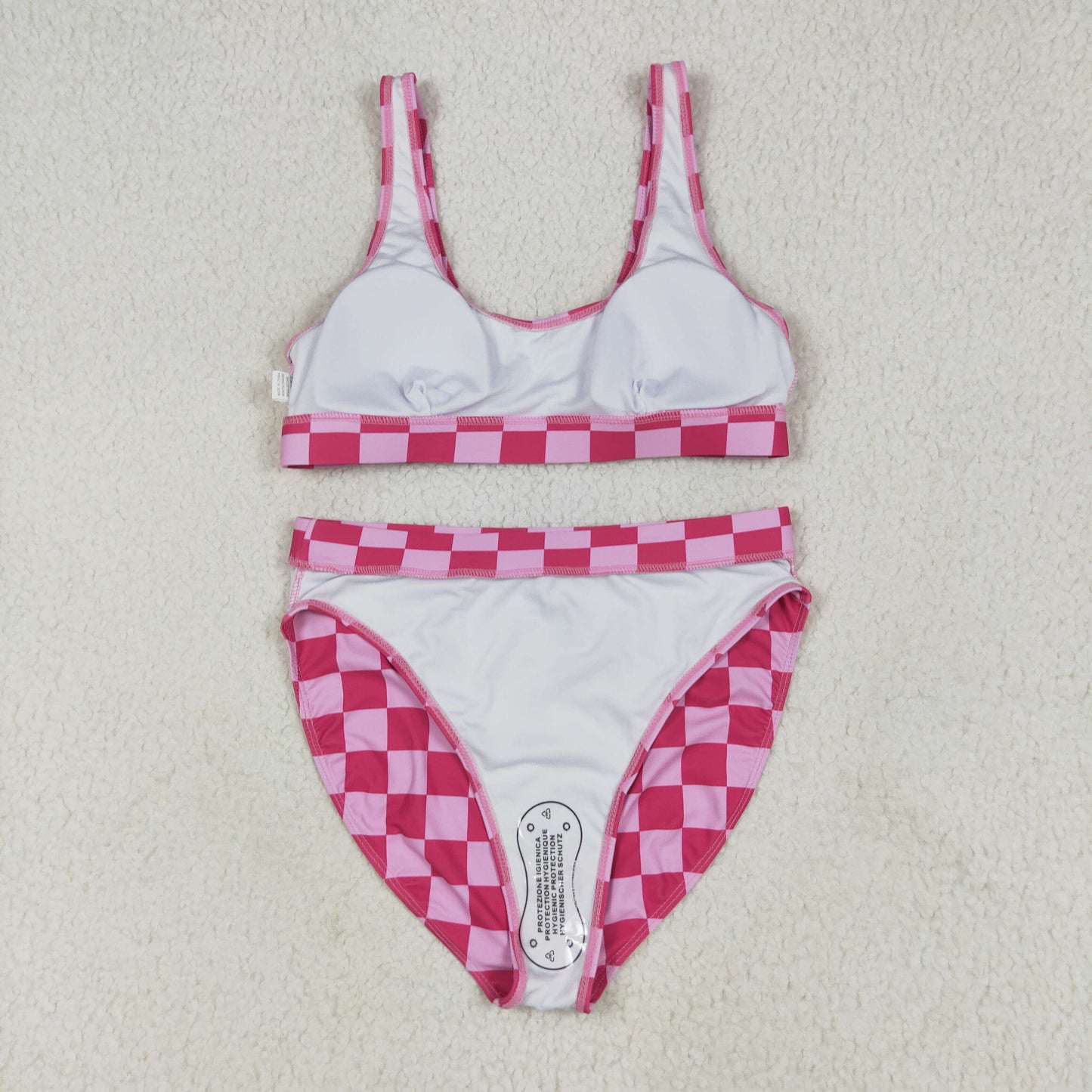RTS NO MOQ S0560+S0561 Adult female rose red plaid swimsuit vest briefs sets