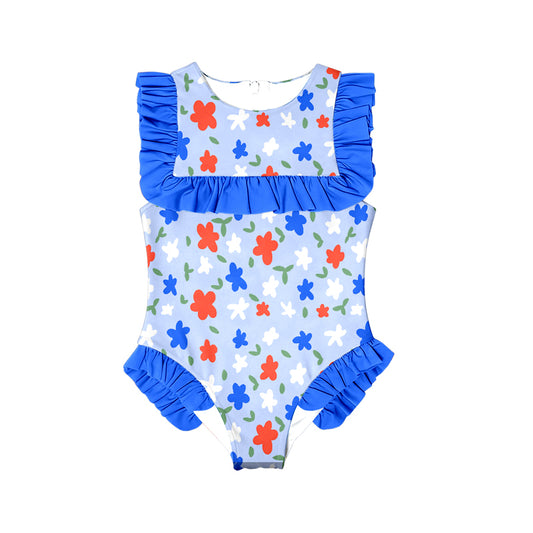 (Pre Order) No moq S0592 PRE-ORDER baby girl clothes floral blue sleeveless summer swimsuit -2025.10.25