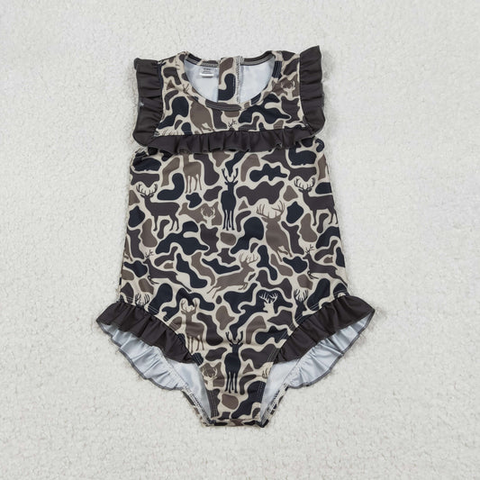 RTS NO MOQ（In Stock) S0597 Reindeer Camouflage Brown and Green Lace One-Piece Swimsuit