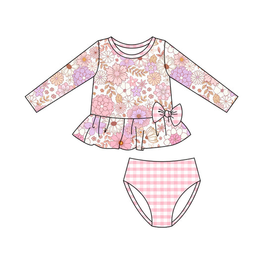 (Pre Order) No moq S0602 PRE-ORDER baby girl clothes summer floral long sleeve swimsuit -2025.10.25