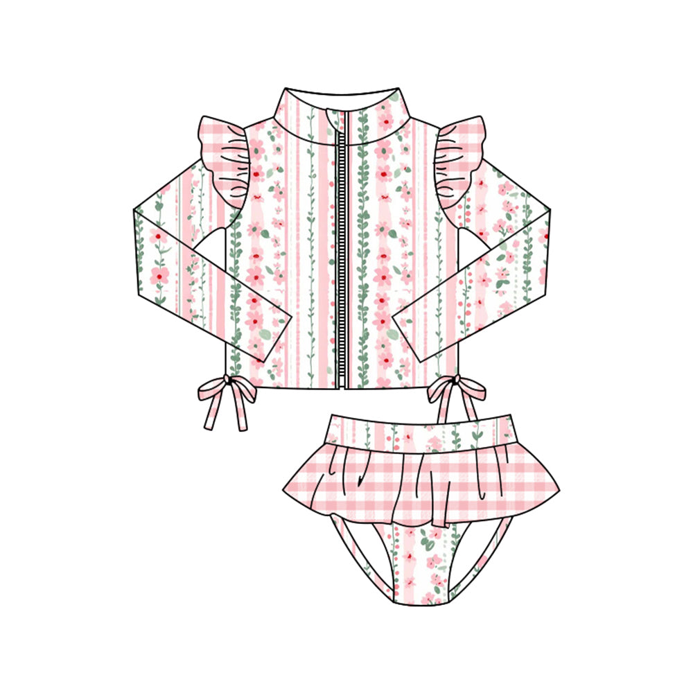 (Pre Order) No moq S0606 PRE-ORDER baby girl clothes summer floral long sleeve swimsuit -2025.11.3