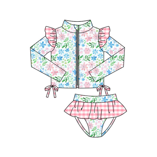 (Pre Order) No moq S0608 PRE-ORDER baby girl clothes summer floral long sleeve swimsuit -2025.11.3