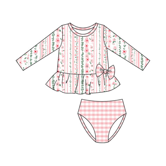 (Pre Order) No moq S0610 PRE-ORDER baby girl clothes summer floral long sleeve swimsuit -2025.11.3