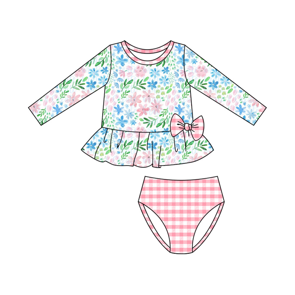 (Pre Order) No moq S0612 PRE-ORDER baby girl clothes summer floral long sleeve swimsuit -2025.11.3