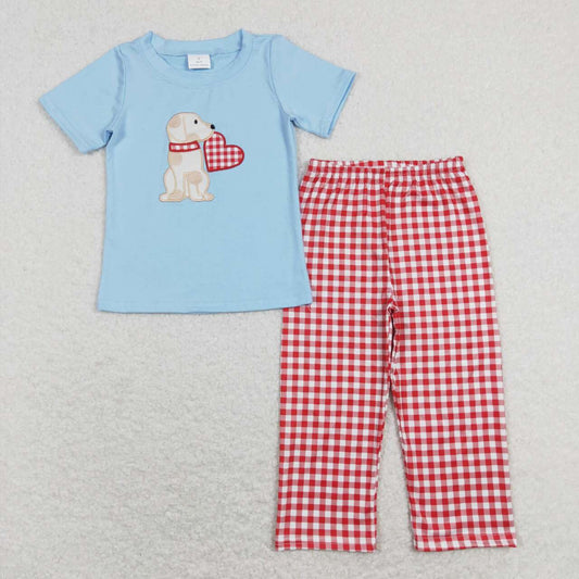 BSPO0269 Embroidered love puppy blue short-sleeved red and white plaid trousers suit