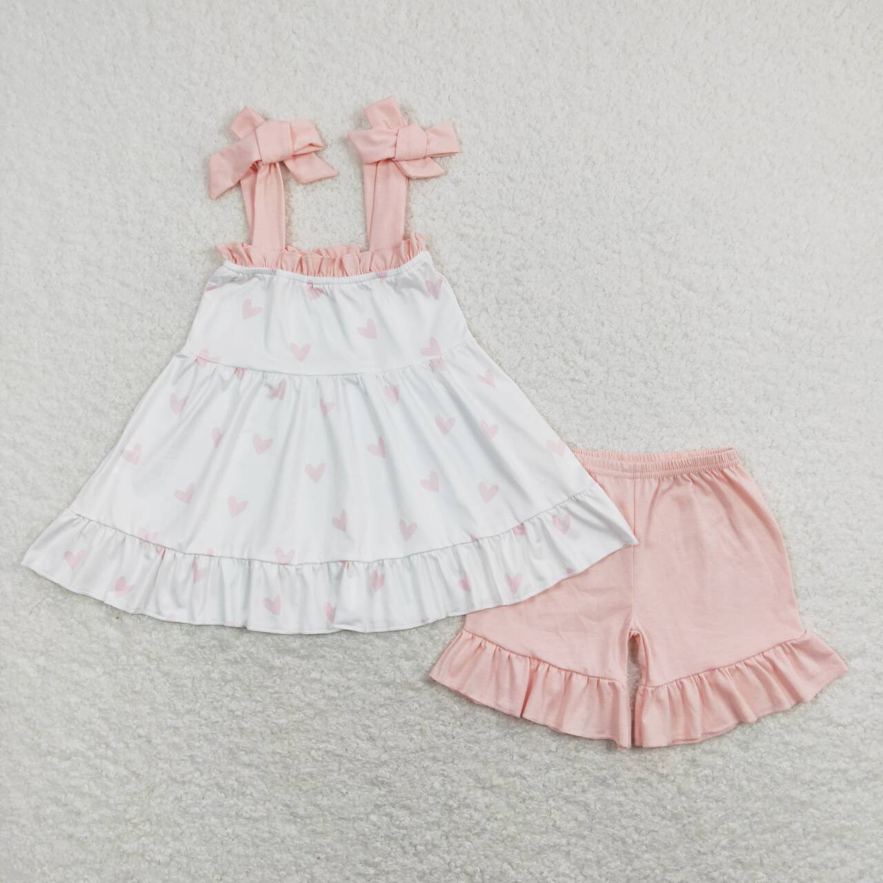 GSSO0447 Love white and pink bow suspender shorts suit