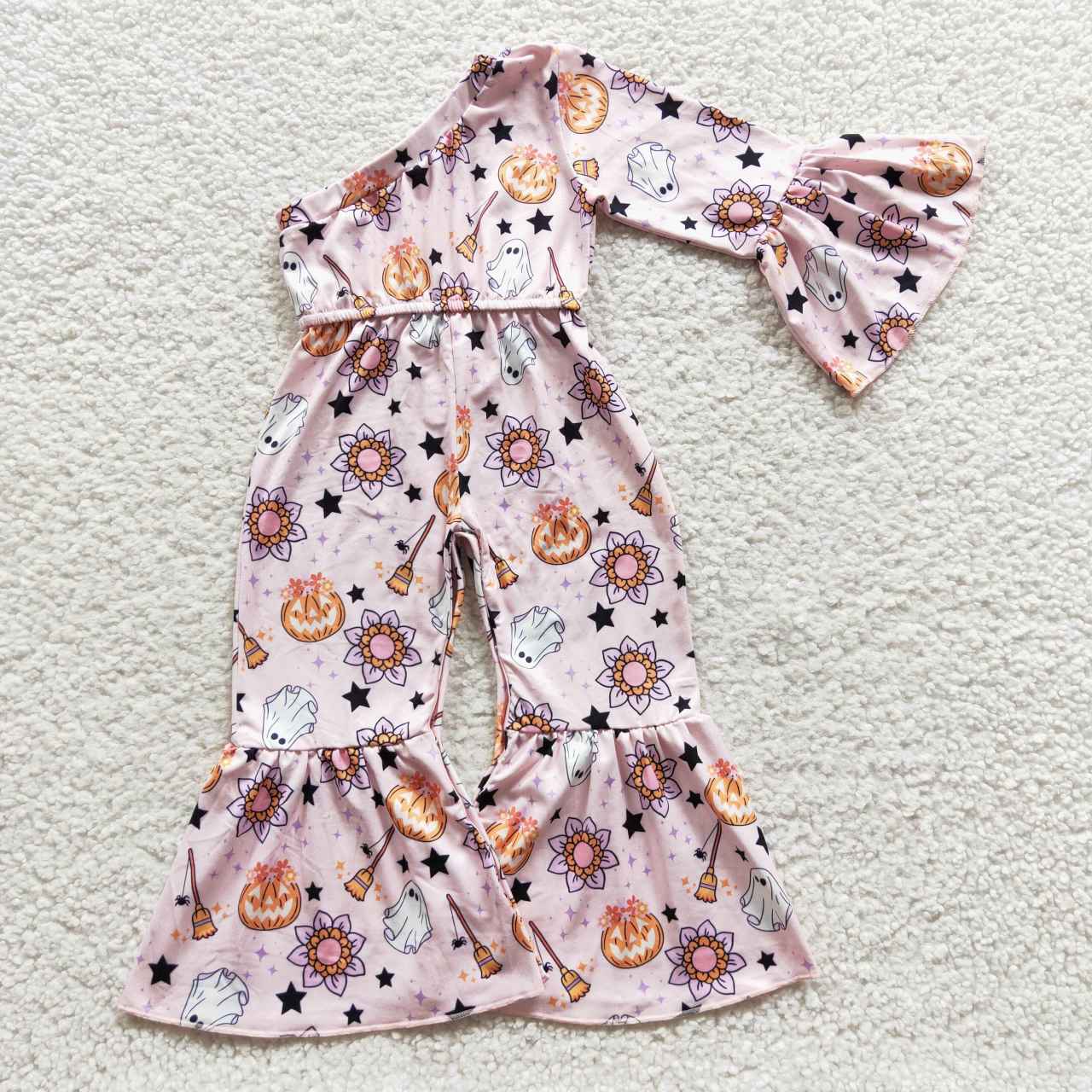 LR0287 Halloween Spooky Pumpkin Blossom Pink One Sleeve Pink Long Sleeve Bodysuit