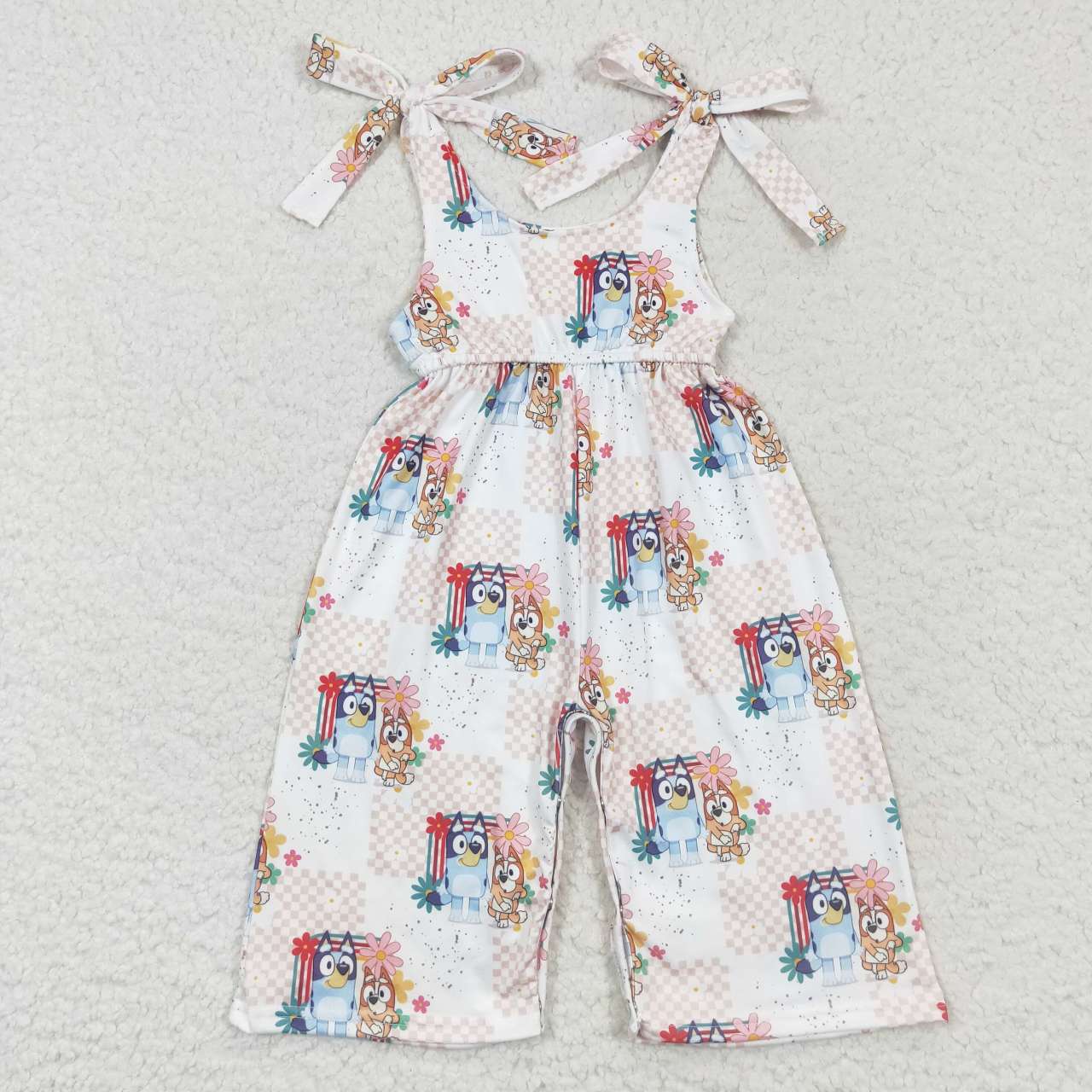 SR0435 Cartoon dog flower plaid white jumpsuit