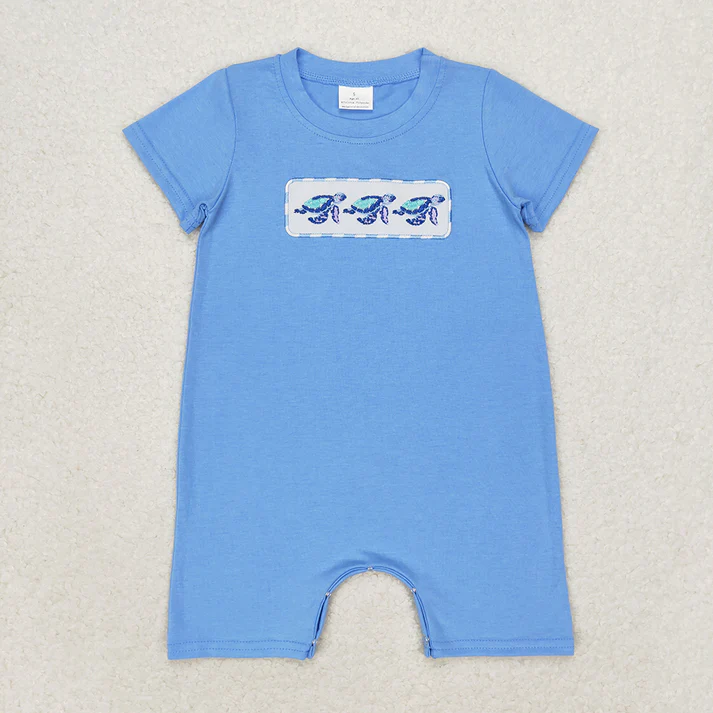 RTS NO MOQ  Baby Girls Boys Sibling Turtles Top Blue Summer Clothes Sets