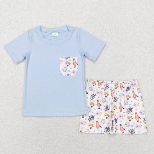 BSSO0352 Pig Horse Cow Farm Animal Pocket Blue Short Sleeve White Shorts Suit