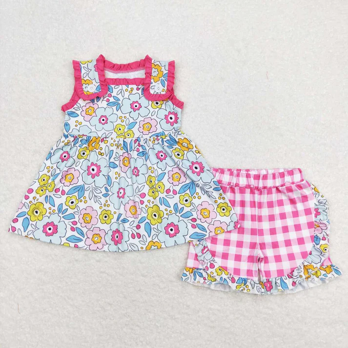 RTS Baby Girls Pink Flowers Buttons Summer Sibling Sister Outfits Clothes Sets