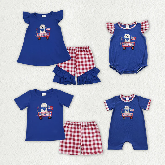 RTS Baby Girls July 4th Dog Flag Sister Brother Rompers Clothes Sets