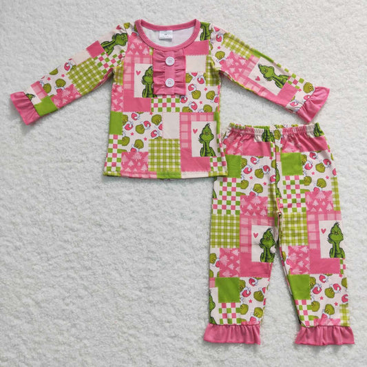 GLP0846 Cartoon grinch red and green plaid pink lace beige long-sleeved trousers suit