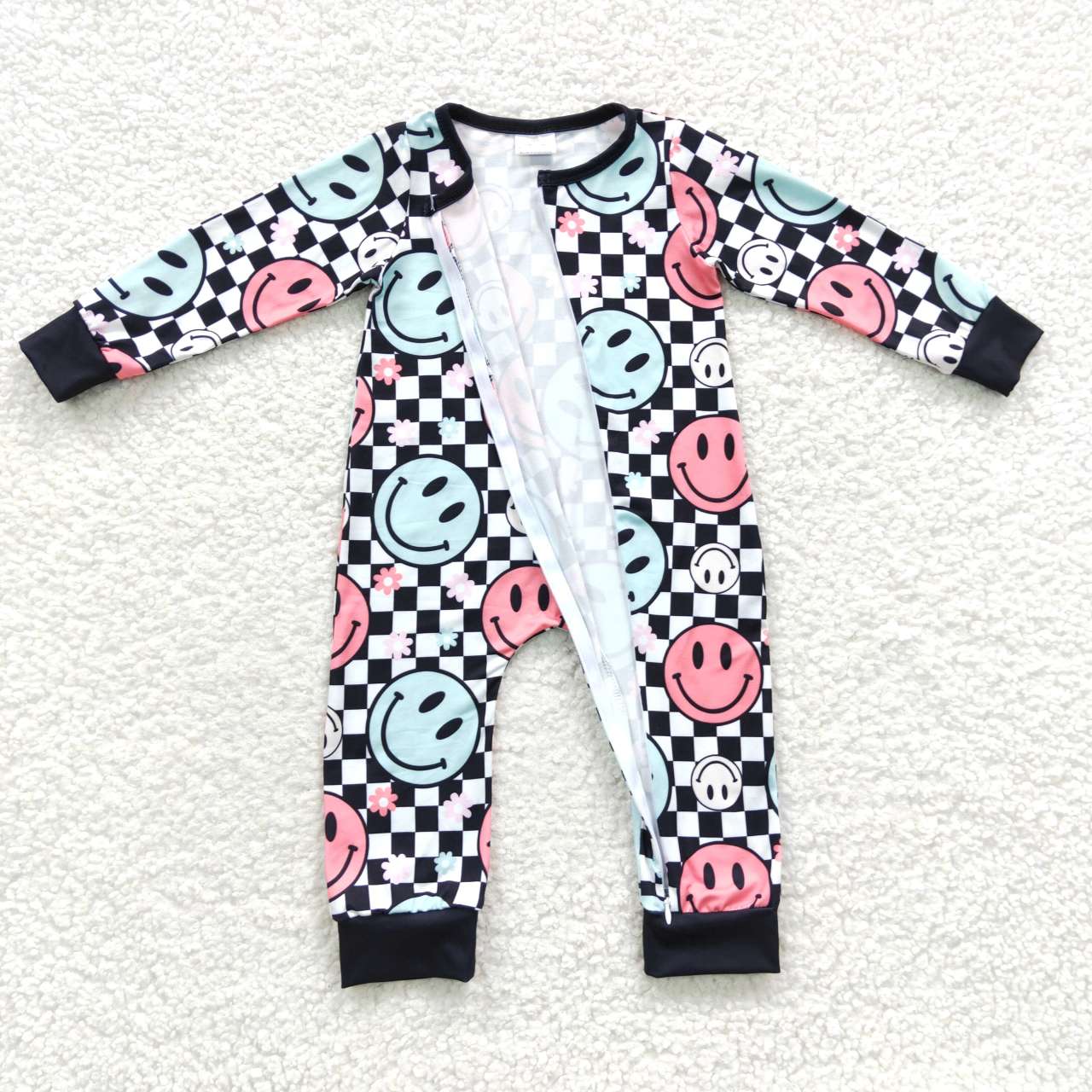 LR0304 Smile Plaid Zipper Long Sleeve Bodysuit