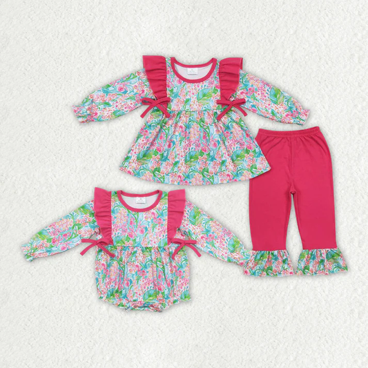 RTS NO MOQ Dark Pink Seaweed Sibling Sister Rompers Clothes Sets