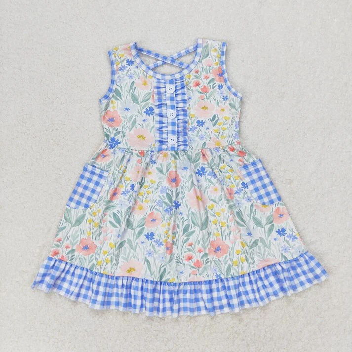 RTS NO MOQ Baby Girls Blue Flowers Checkered Sibling Rompers Dresses Clothes Sets