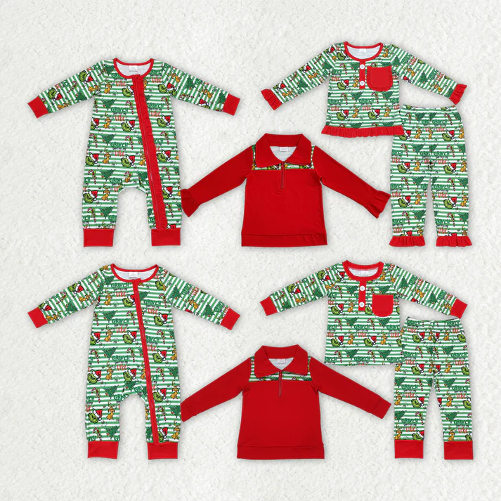 RTS NO MOQ  Baby Girls Baby Girls Christmas Green Face Sibling Pajamas Tops Clothes Sets