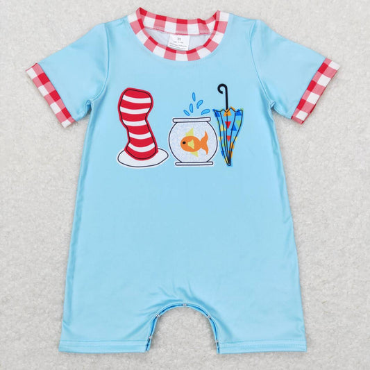 SR0767 dr seuss hat fish tank umbrella red and white plaid edge blue short-sleeved jumpsuit