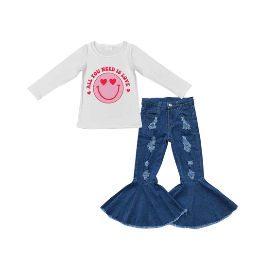 GT0388 GT0388 all you need is love love smiley white long sleeve top+P0133 Blue ripped denim flared trousers