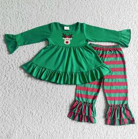 GLP0046 Girls Christmas Embroidered Deer Green Long Sleeve Pants Suit