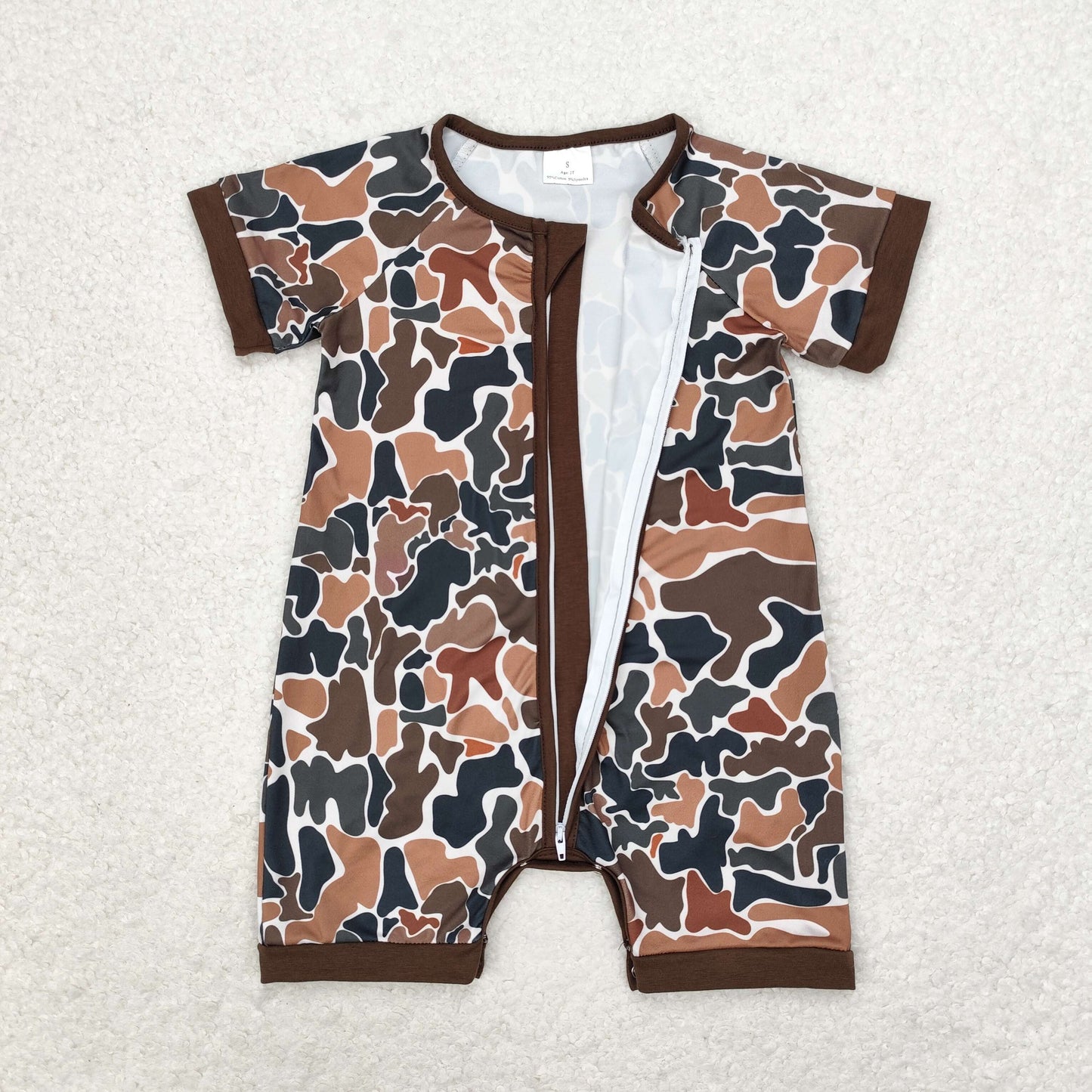 RTS no moq SR0666 Brown and green camouflage zipper short sleeve jumpsuit