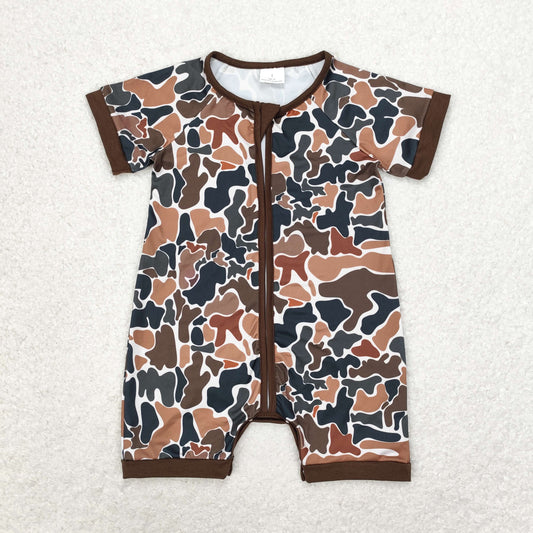 RTS no moq SR0666 Brown and green camouflage zipper short sleeve jumpsuit