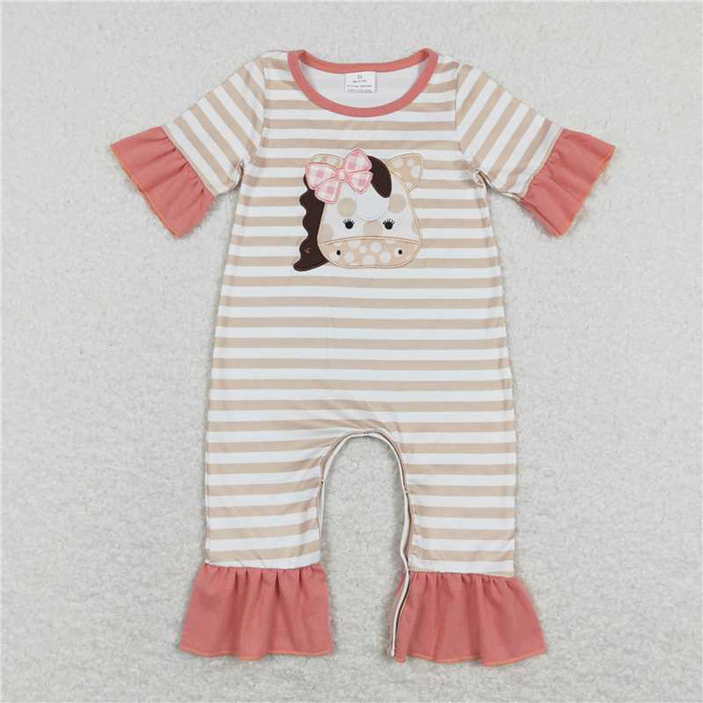 RTS NO MOQ baby girl clothes embroidery cow bow short sleeve Rompers Clothes Sets