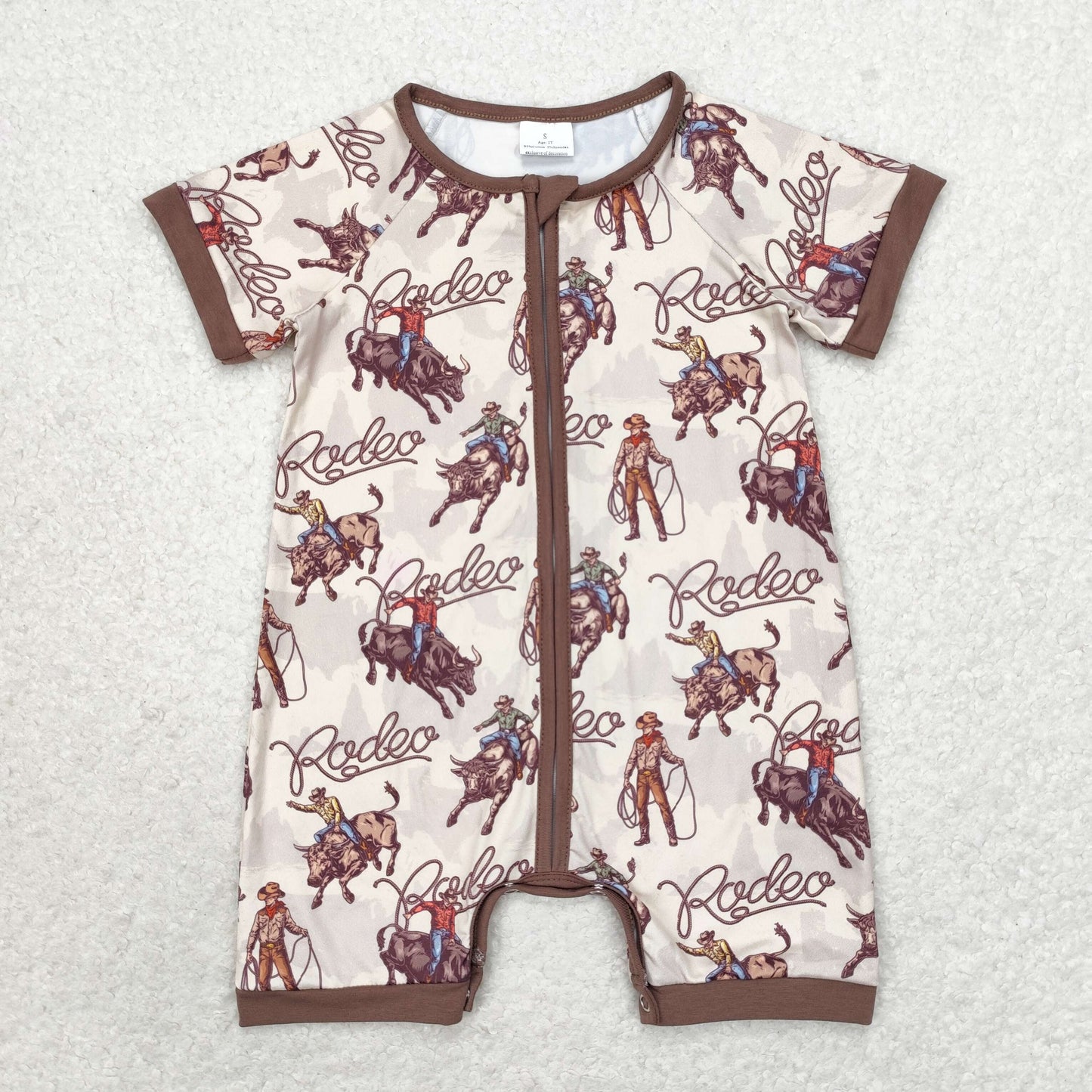 RTS no moq SR0856 Rodeo riding brown zipper short sleeve jumpsuit