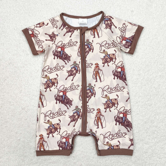 RTS no moq SR0856 Rodeo riding brown zipper short sleeve jumpsuit