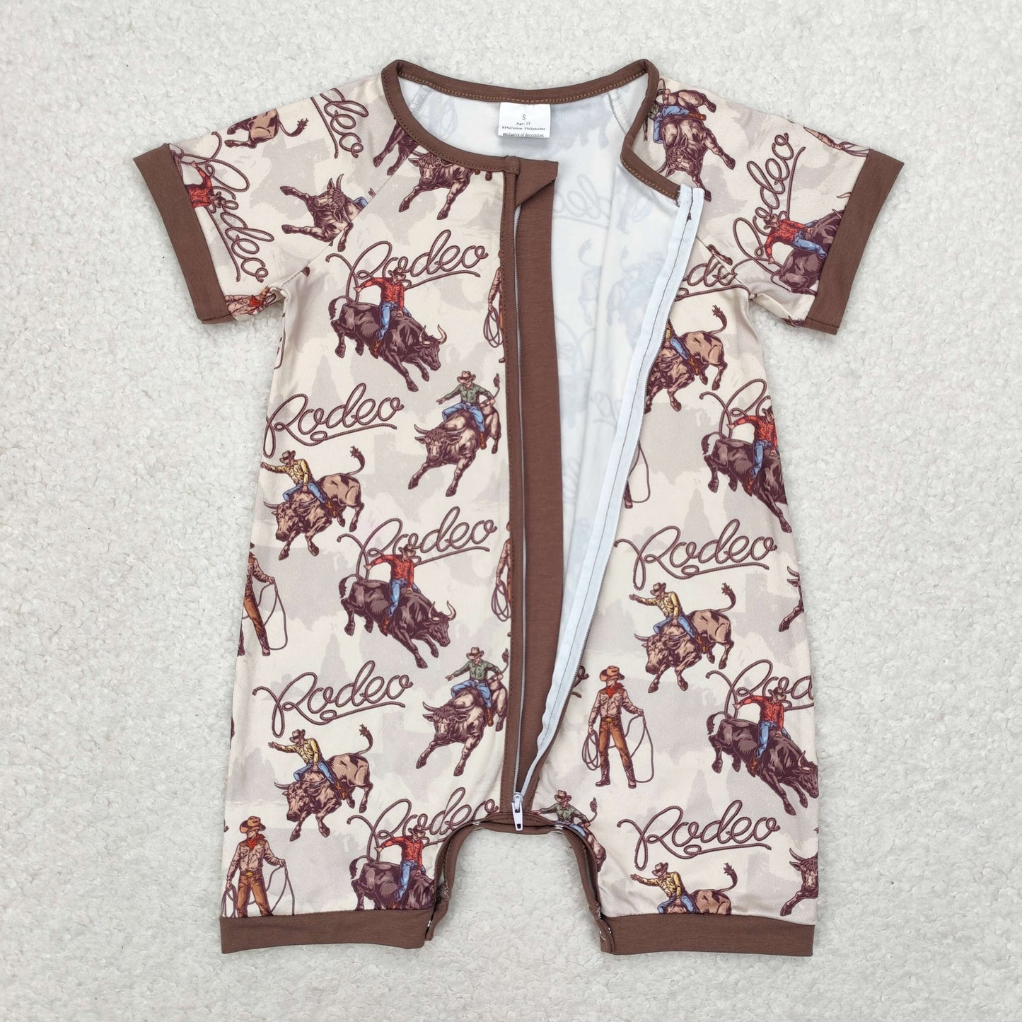 RTS no moq SR0856 Rodeo riding brown zipper short sleeve jumpsuit
