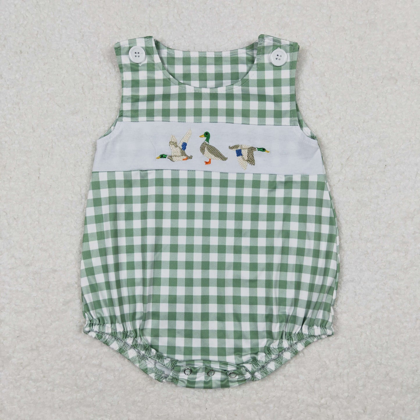 RTS NO MOQ（In Stock) Embroidered duck light green and white plaid vest jumpsuit