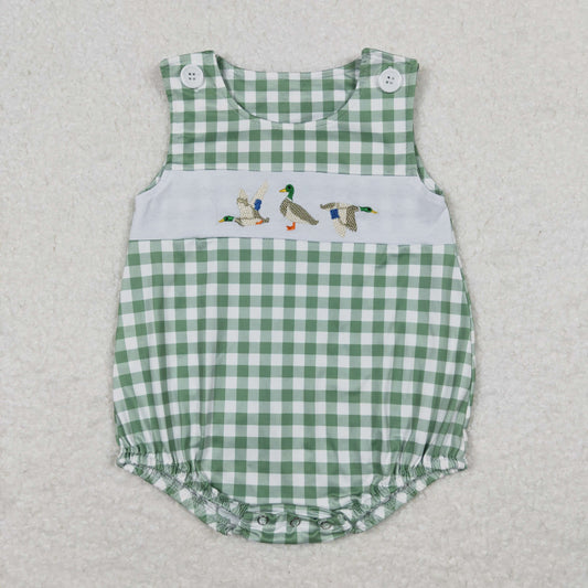 RTS NO MOQ（In Stock) Embroidered duck light green and white plaid vest jumpsuit