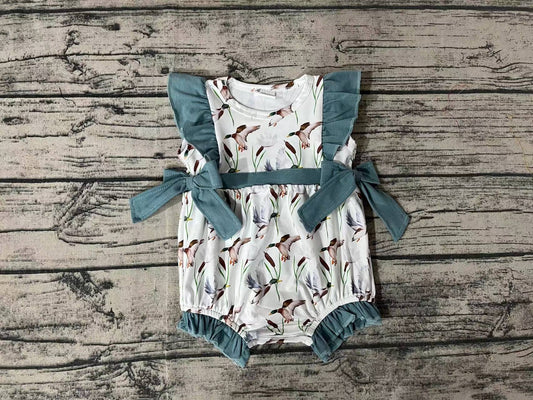 SR1140 RTS  baby girls clothes Duck Haze Blue Lace Bow White Vest Jumpsuit