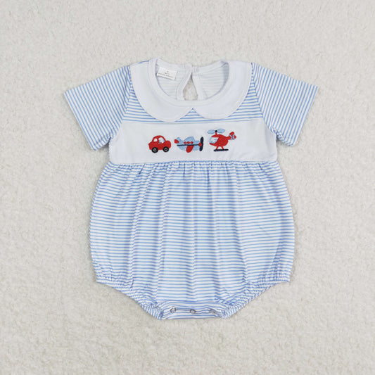 RTS no moq SR1152 Embroidery Car Plane Helicopter Blue Stripe Doll Collar Short Sleeve Jumpsuit