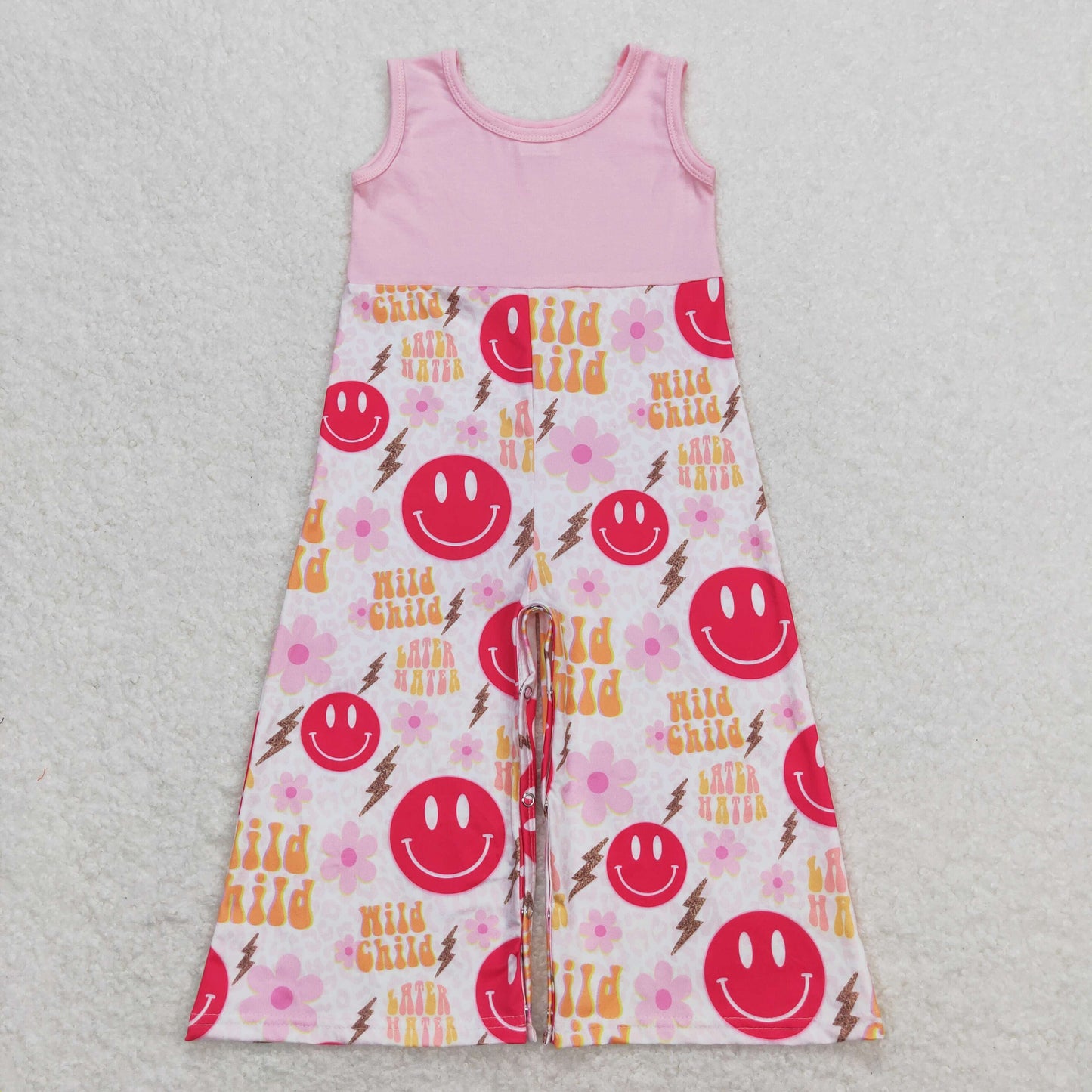 SR1195 wild child flower lightning smiley pink sleeveless jumpsuit