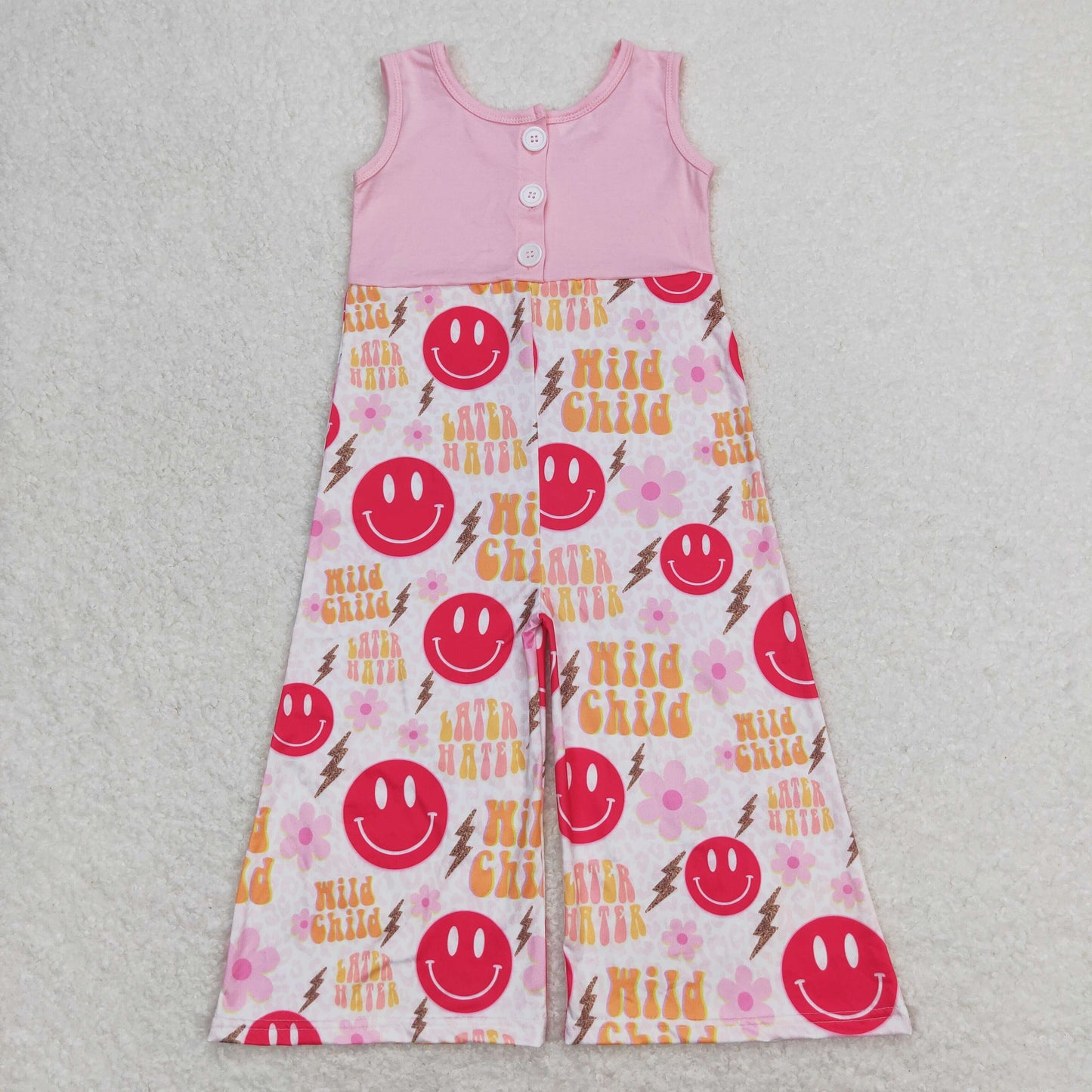 SR1195 wild child flower lightning smiley pink sleeveless jumpsuit