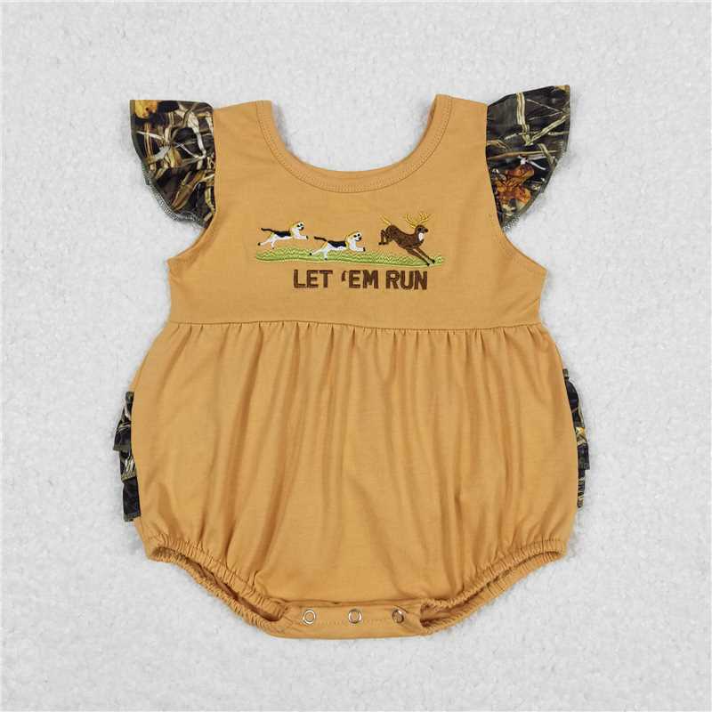 RTS NO MOQ（In Stock) girl Embroidered letter run flying Sleeve romper