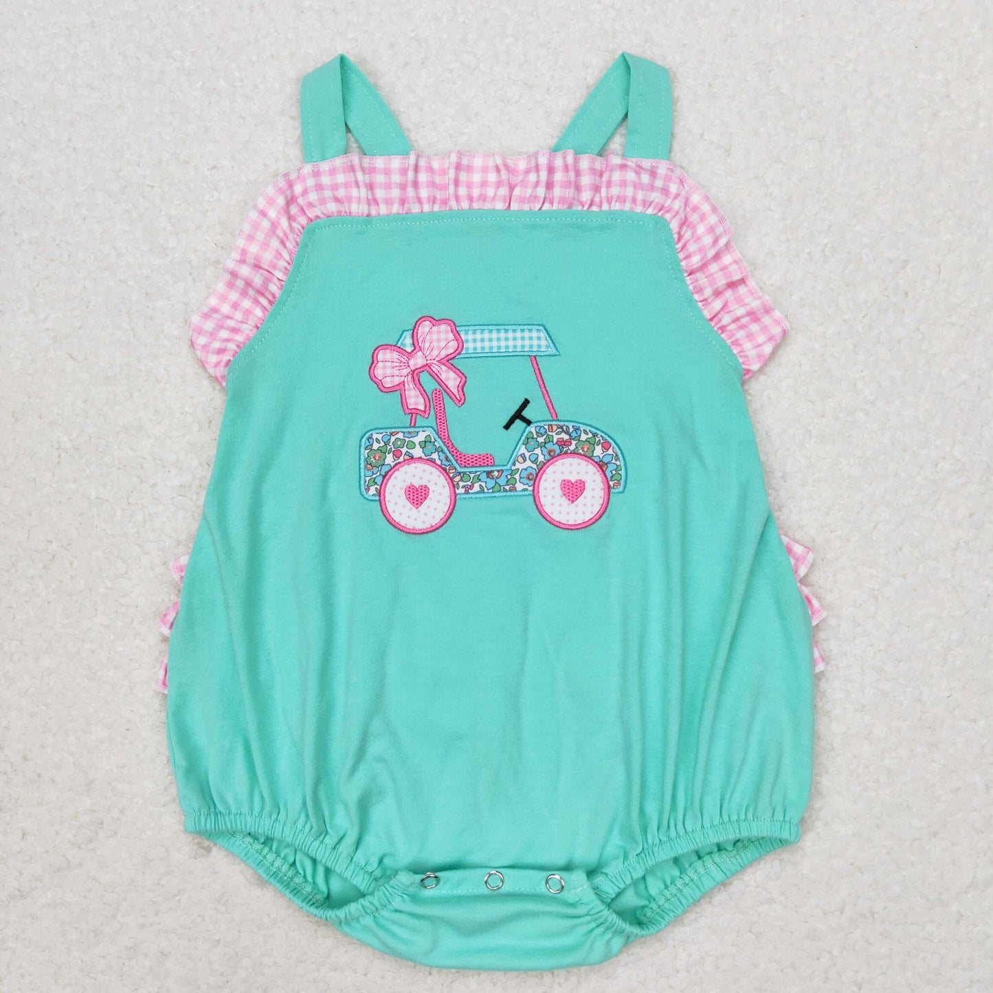 RTS no moq SR1223 Embroidered flower bow sightseeing car pink and white plaid lace blue-green vest jumpsuit
