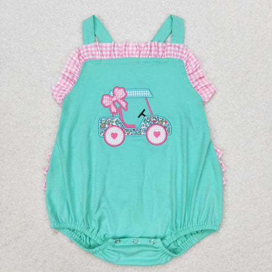 RTS no moq SR1223 Embroidered flower bow sightseeing car pink and white plaid lace blue-green vest jumpsuit