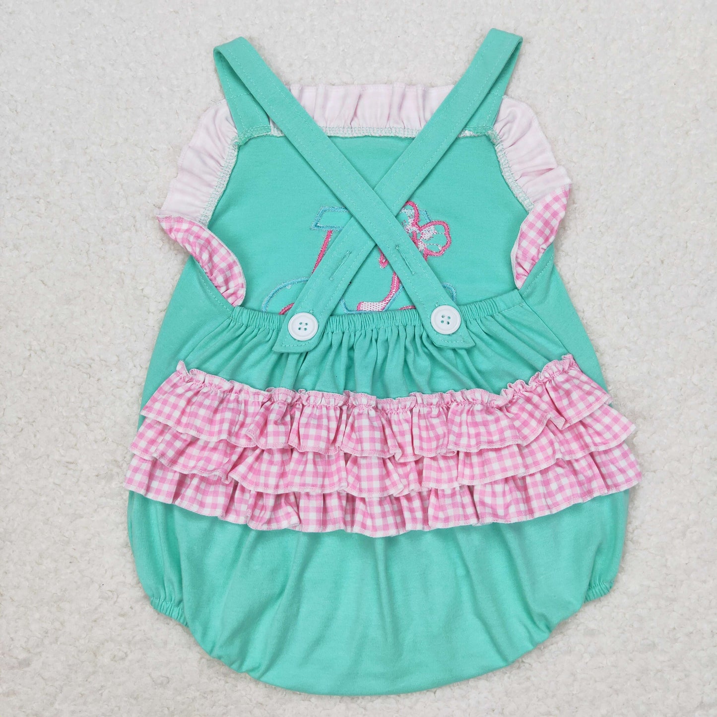 RTS no moq SR1223 Embroidered flower bow sightseeing car pink and white plaid lace blue-green vest jumpsuit