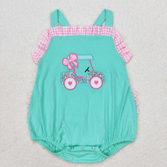 RTS no moq SR1223 Embroidered flower bow sightseeing car pink and white plaid lace blue-green vest jumpsuit