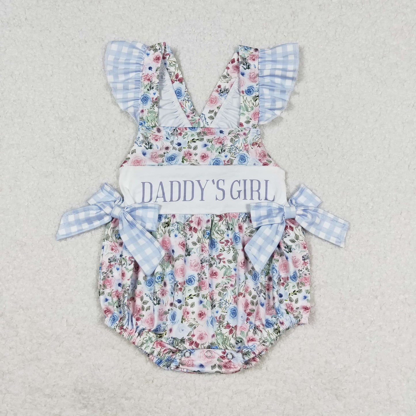 RTS no moq SR1240 daddy'girl letter flower blue and white plaid lace bow vest jumpsuit