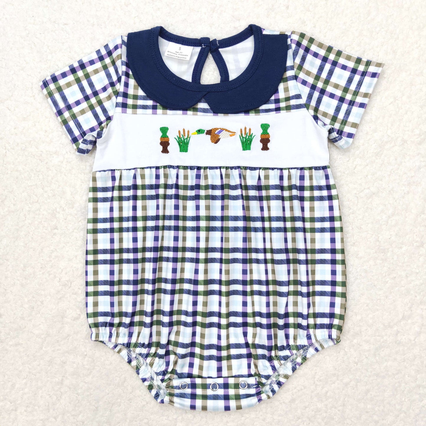 RTS no moq SR1242 embroidery bottle duck plaid short-sleeved jumpsuit