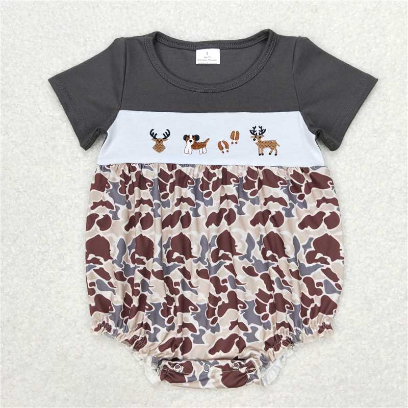 RTS NO MOQ（In Stock) Embroidered Camouflage puppy duck short sleeve romper