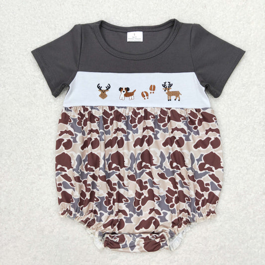 RTS no moq SR1243 Embroidered elk puppy camouflage short-sleeved jumpsuit