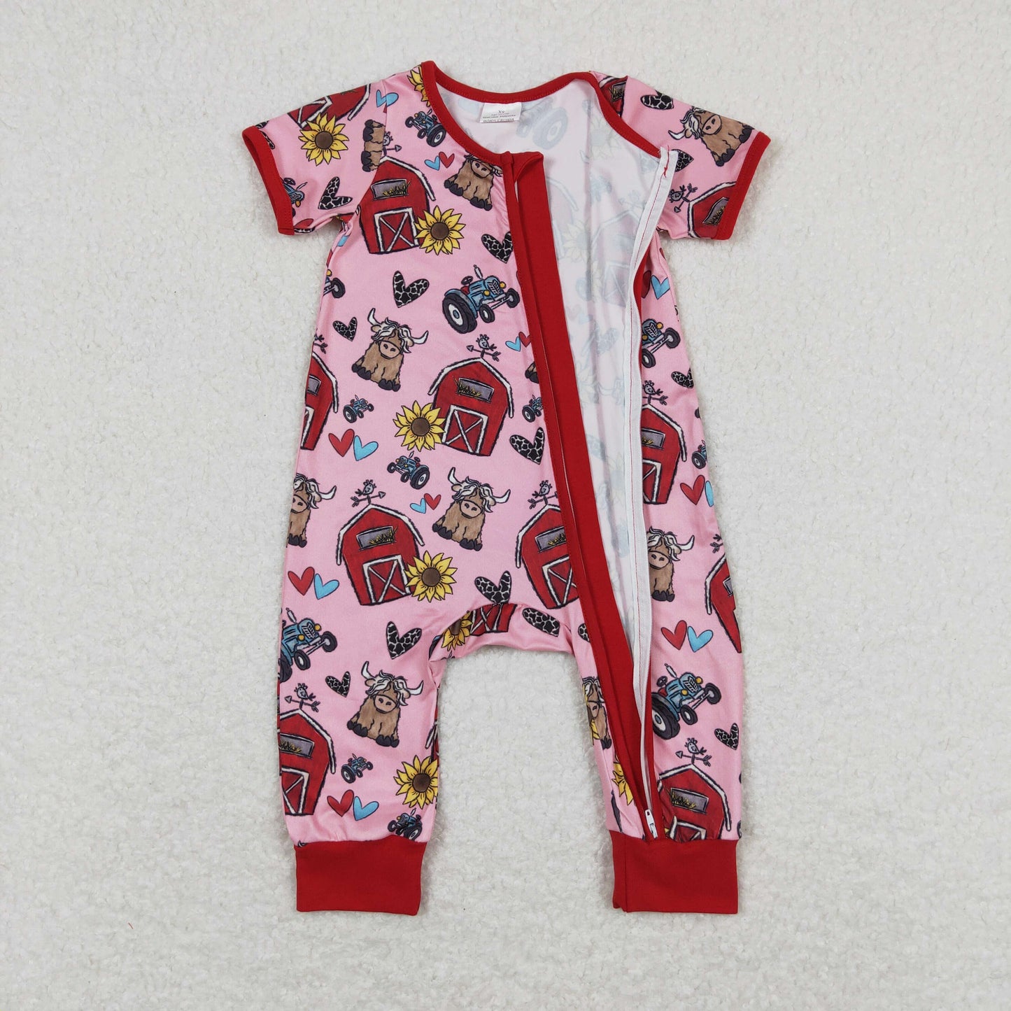 SR1368 Love Red House Cow Red Lace Pink Zipper Short Sleeve Jumpsuit