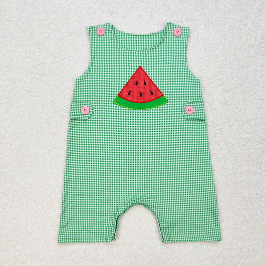 RTS no moq SR1406 Embroidered watermelon green plaid sleeveless jumpsuit