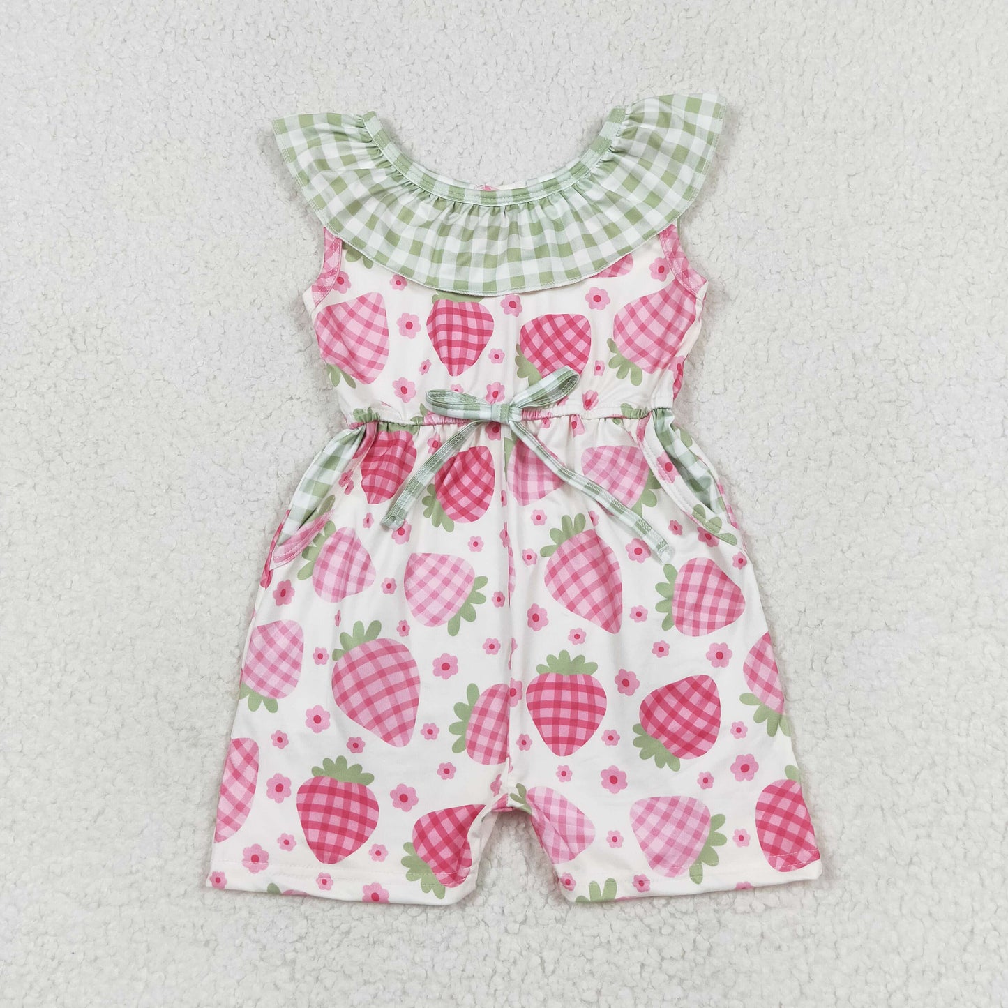 rts no moq SR1565 Flower strawberry green plaid sleeveless jumpsuit