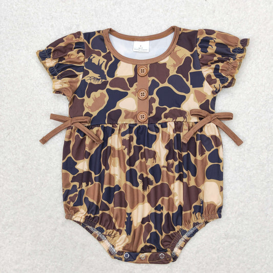 RTS no moq SR1682 Camouflage brown bow short-sleeved jumpsuit