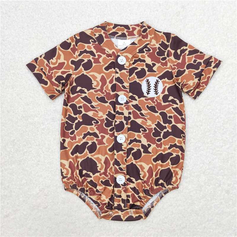 RTS NO MOQ（In Stock) Embroidered camouflage basbeal short sleeve romper
